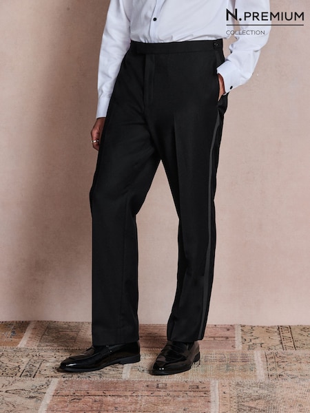 Black - Regular N. Premium Regular Fit Tuxedo Wool Blend Crepe Textured Suit Trousers With Tape Detail