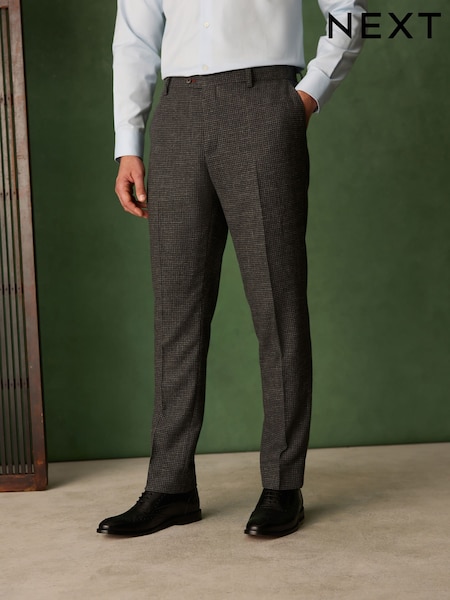 Ogļu pelēks - Regular Tailored Fit Trimmed Dogtooth Wool Blend Suit Trousers