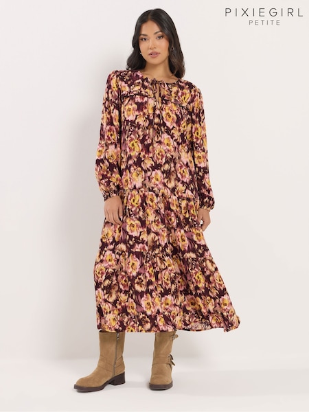 PixieGirl Petite Brown Blurred Floral Ruffle Midi Dress (V45695) | kr613