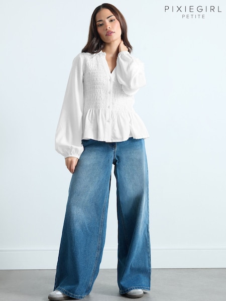 PixieGirl Petite White Shirred Long Sleeve Shirt (V45699) | AED169