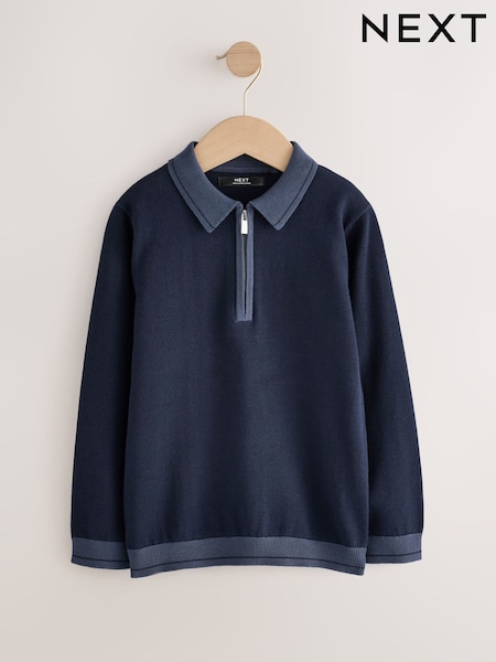Navy - Long Sleeve Quarter Zip Knitted Polo Shirt (3-16taon)