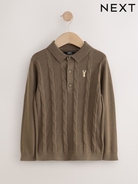 Brown/Khaki - Stag Cable Knit Polo Shirt (3-16yrs)