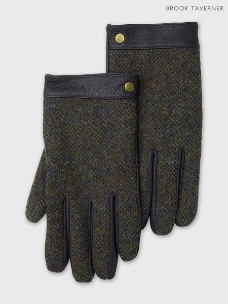 Brook Taverner Green Leather Palms Harris Tweed® Gloves (V45886) | €89