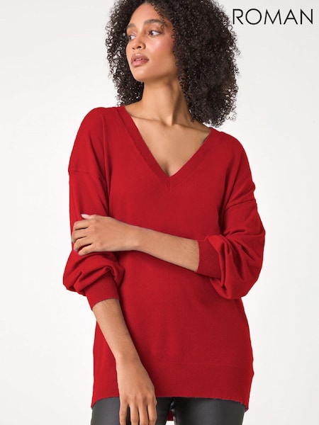 Roman Red Plain V-Neck Stretch Longline Jumper (V46072) | €42.50