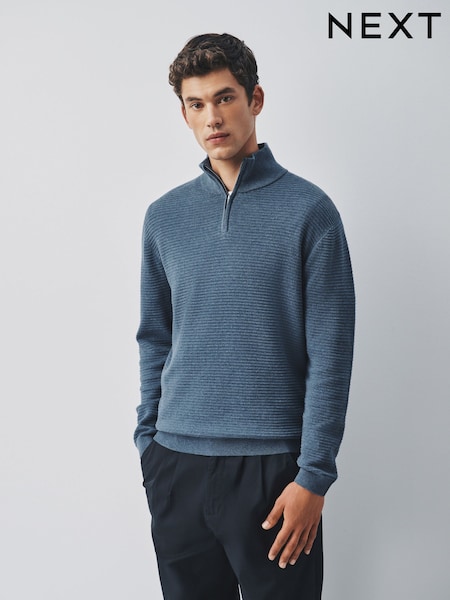 Blue - Regular Textured Quarter Zip Neck Jumper