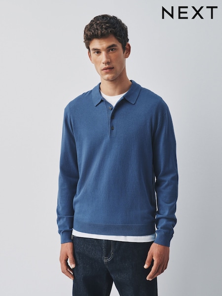 Mid Blue - Regular Long Sleeve Knitted Polo Shirt