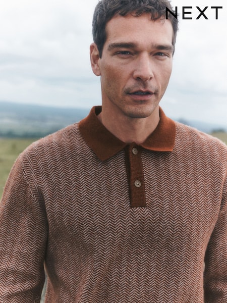 boja rđe Narandžasti - Regular Cosy Knit Long Sleeve Polo Shirt With Wool