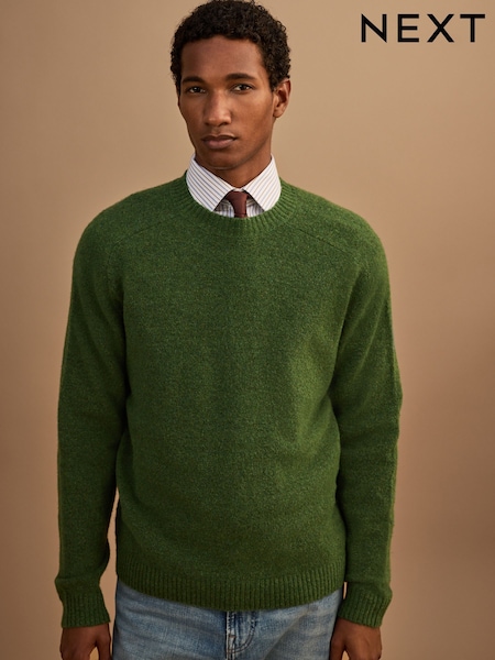 Green - Regular Relaxed Fit Cosy Crew Neck Jumper With Wool