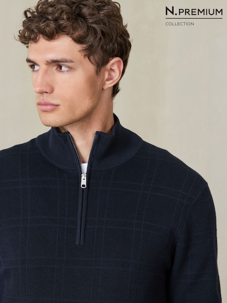 Bleu marine - Regular N. Premium Slim Fit Textured Check Quarter Zip Jumper