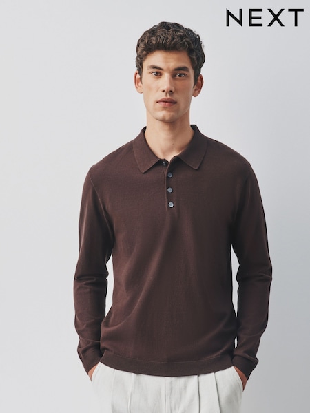 Brązowy - Regular Long Sleeve Knitted Polo Shirt
