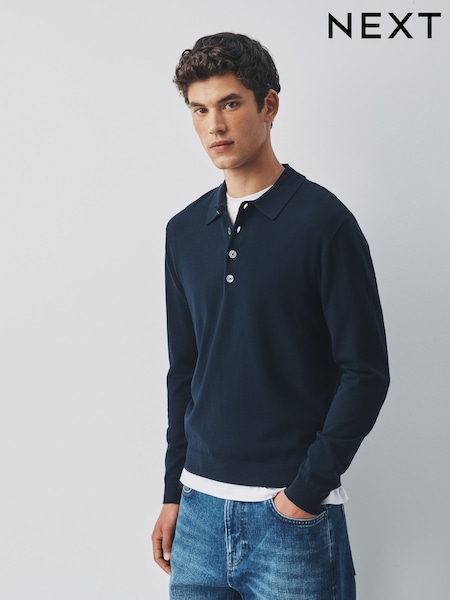 Bleumarin albastru - Regular Long Sleeve Knitted Polo Shirt