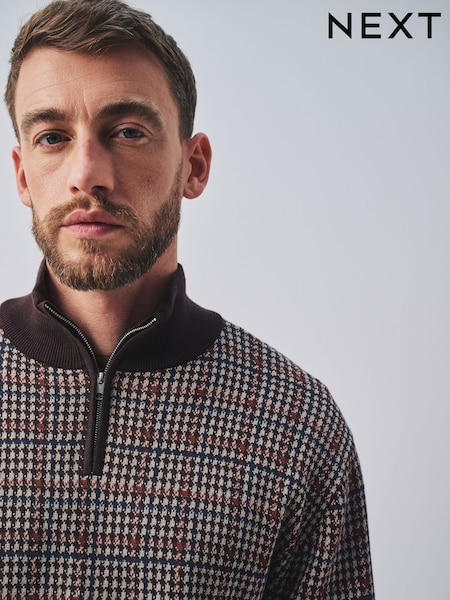 Braun - Regular Check Quarter Zip Jumper