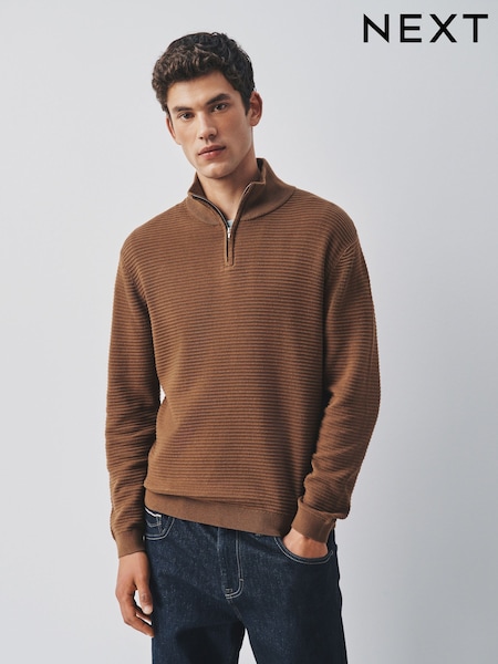 Brown - Regular Textured Quarter Zip Neck Jumper