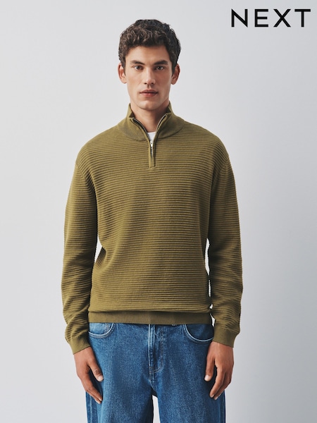 橄榄绿色 - Regular Textured Quarter Zip Neck Jumper