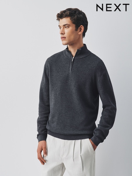 Charcoal Grey - Regular Textured Quarter Zip Neck Jumper