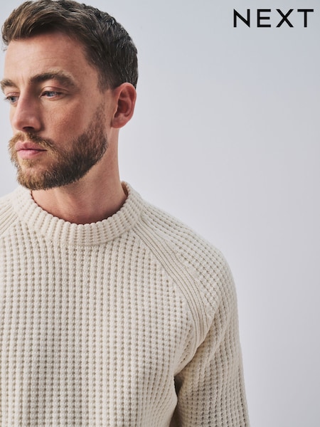 Ecru, Weiß - Regular Chenille Waffle Textured Crew Neck Jumper