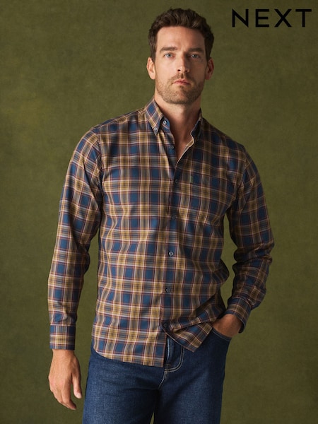 Navy/Yellow Check - Regular Regular Fit Easy Iron Button Down Long Sleeve Oxford Check Shirt
