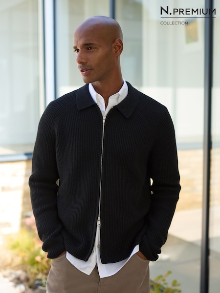 Black - Regular N. Premium Ribbed Knitted Zip Through Jumper