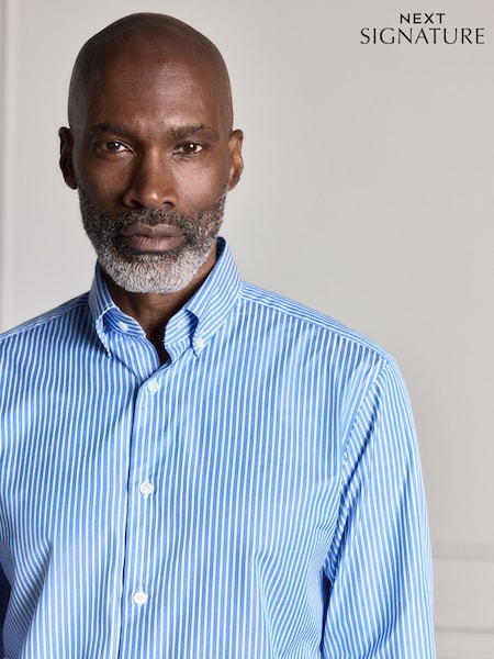 Blue - Regular Signature Cotton With Tencel Lyocell Stripe Button Down Formal Shirt