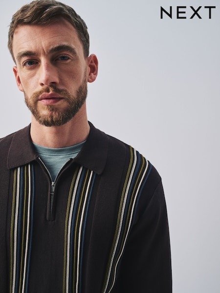 Brown - Regular Stripe Knitted Zip Neck Polo Shirt