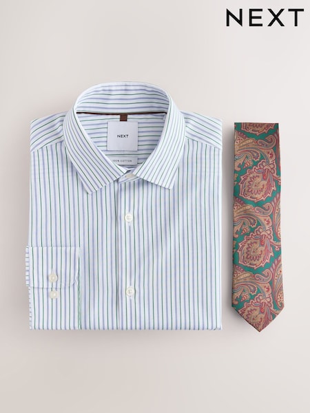 White/Blue/Green - Slim Fit Two Tone Stripe Formal Shirt And Tie Set