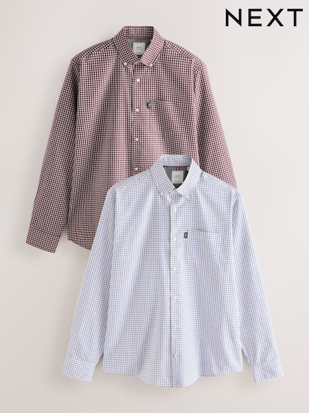 أبيض/عنابي بنقشة مربعات - Regular Fit Easy Iron Oxford Shirts 2 Packs