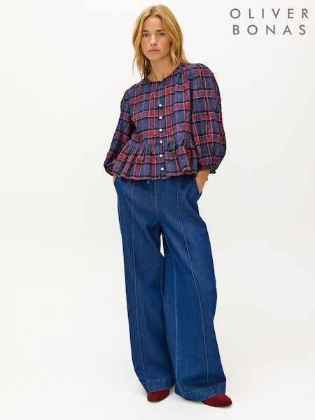 Oliver Bonas Blue Checked Peplum Blouse (V46913) | R$ 545