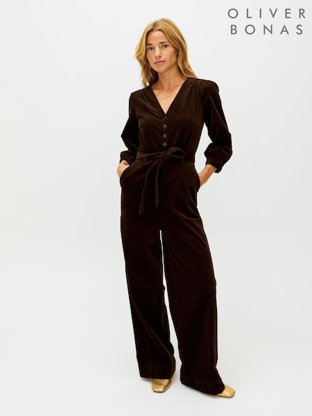 Oliver Bonas Brown Corduroy V-Neck Tie Waist Jumpsuit (V46917) | €134