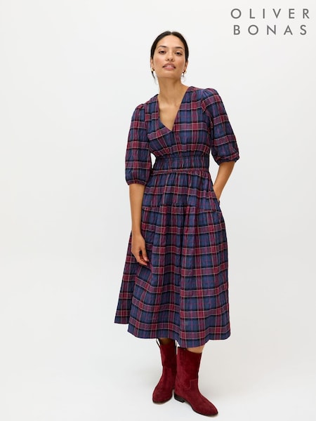 Oliver Bonas Blue Checked V-Neck Puff Sleeve Midi Dress (V46923) | €119