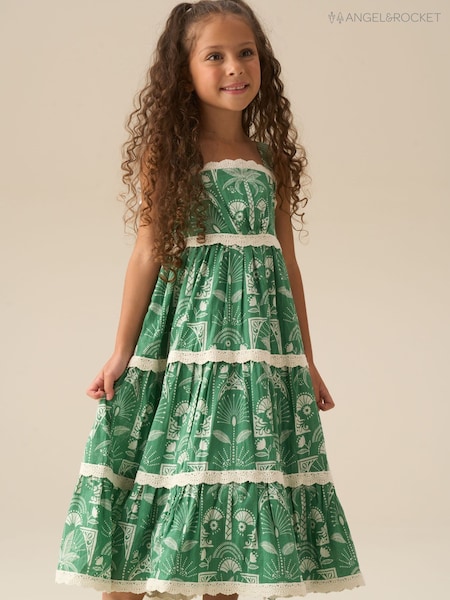 Angel & Rocket Green Kinsley Palm Print Lace Trim Tiered Dress (V46979) | R$ 335 - R$ 405
