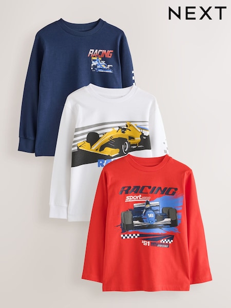 Red/White/Navy Racing - Graphic Long Sleeve Relaxed Fit T-shirts 3 Pack (3-16yrs)