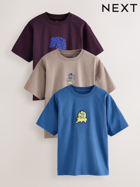 Bleu/Neutre/Plum - Relaxed Fit Graphic Print Short Sleeve T-shirts 3 Pack (3-16yrs)