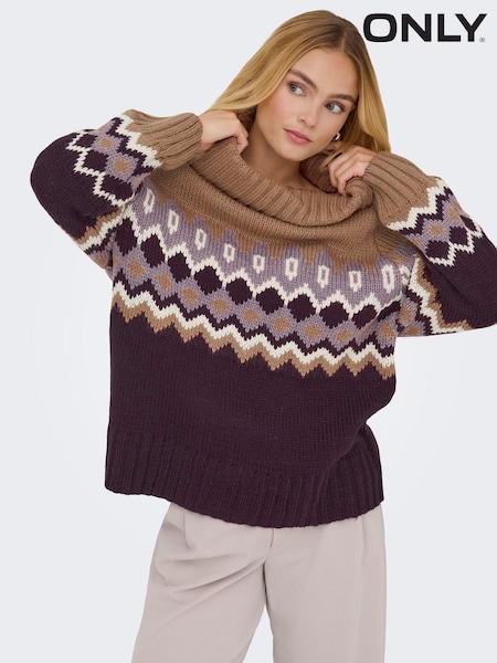 ONLY Brown Cosy Roll Neck Fairisle Pattern Jumper (V47248) | kr660
