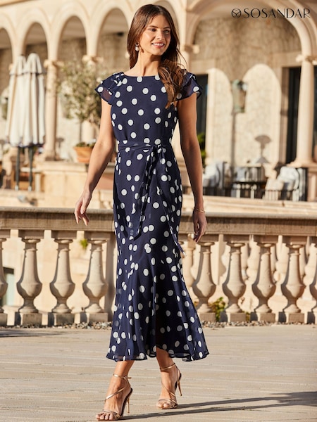 Sosandar Blue Spot Print Frill Hem Midaxi Dress (V47586) | SGD 172