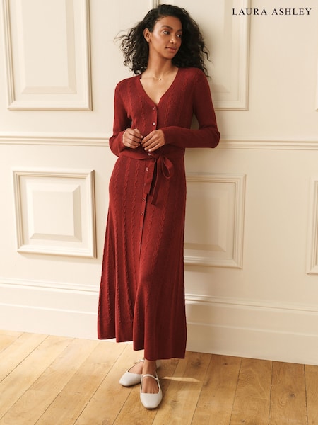 Бургундия қызылы - Laura Ashley белбеулі тоқылған миди Киім