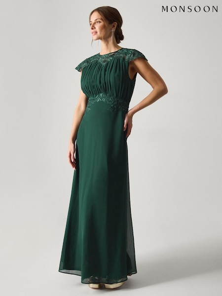 Monsoon Dark Green Elodie Lace Chiffon Bridesmaid Dress (V47694) | 779 QAR