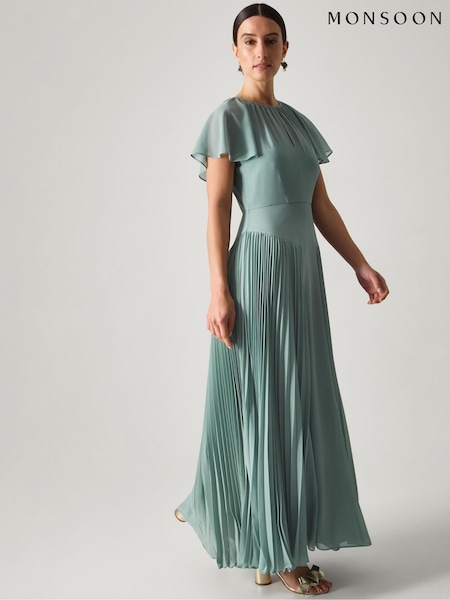 Monsoon Green Madison Flutter Sleeve Pleated Bridesmaid Dress (V47706) | 702 QAR