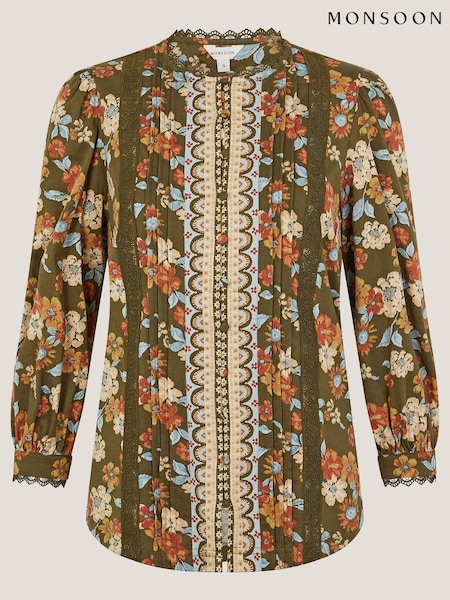 Monsoon Green Olive Floral Print Jersey Shirt (V47711) | 286 QAR