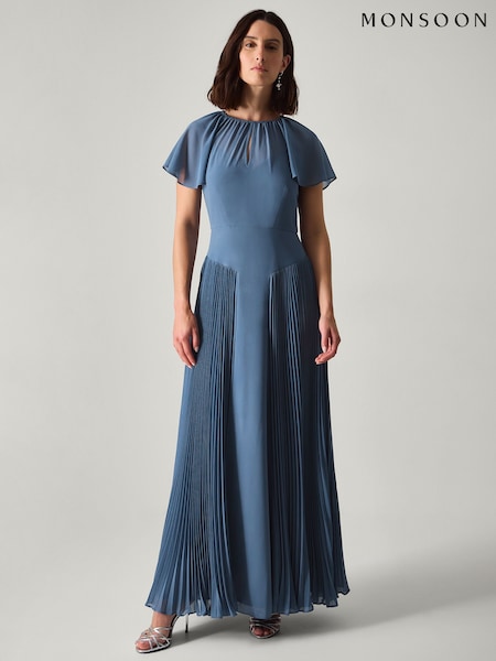 Monsoon Blue Madison Flutter Sleeve Pleated Bridesmaid Dress (V47728) | 702 QAR