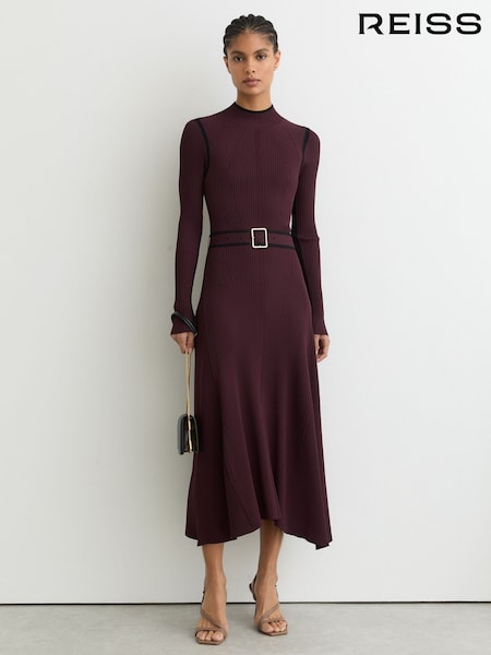 Reiss Burgundy/Black Ella Colour-Block Rib-Knit Midi Dress (V47850) | €255