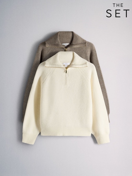 Creme  Mink Marl/Brown - The Set 2 Pack Quarter Zip Jumpers With Wool