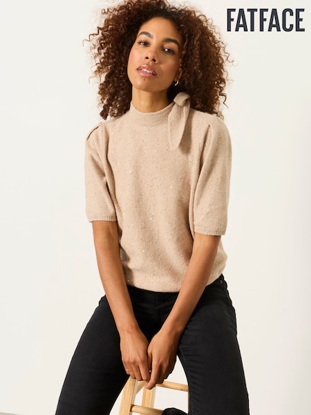 لون طبيعي - Fatface Knitted Sequin Tie Neck Jumper