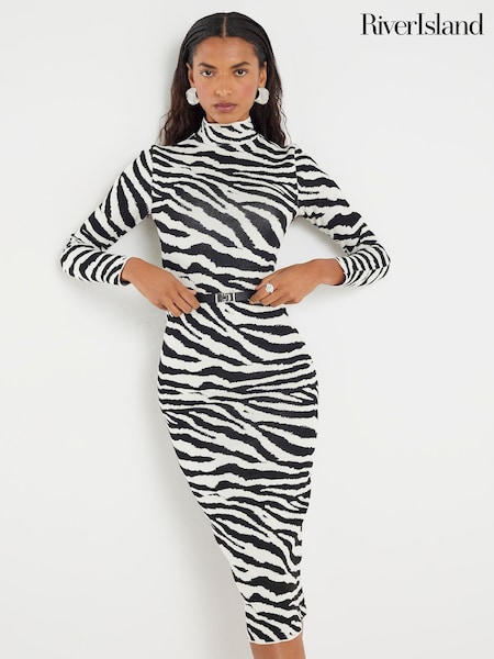 River Island Black Knitted Zebra Print Belted Midi Dress (V48542) | €85