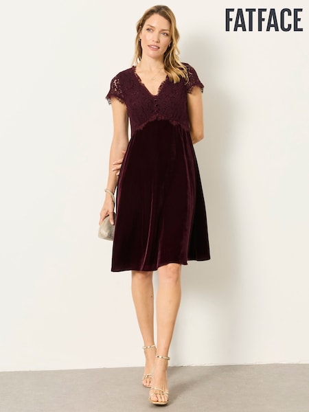 Wine - Fatface Velvet And Lace Dress