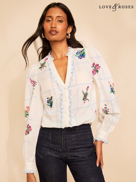 象牙白 - Love & Roses Floral Embroidered Notch Neck Blouse