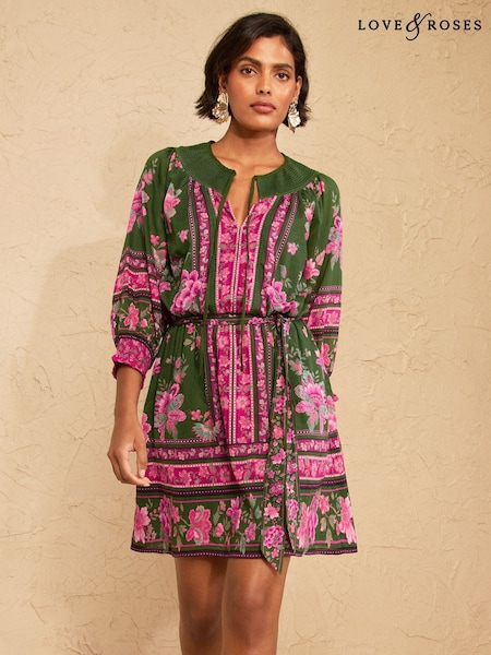 Green Floral - Love & Roses Shirred Collar Mini Dress