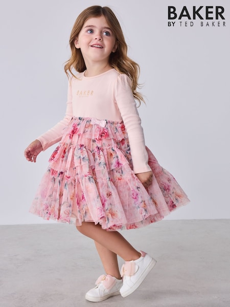 Pink - Baker By Ted Baker Floral Tiered Mesh Mockable Dress