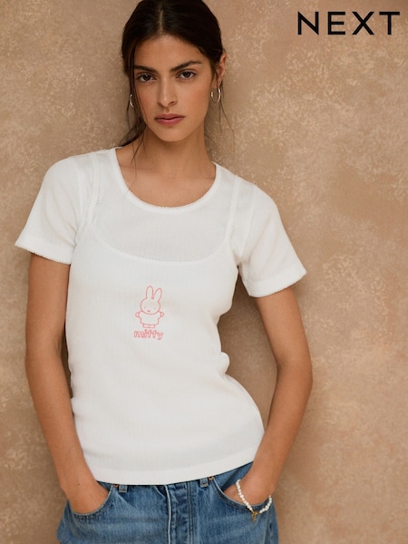 화이트 Miffy 라이선스 - Pointelle Layered T-shirt