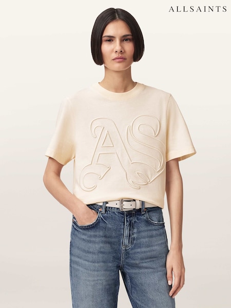 לבן - AllSaints Lisa Embos T-Shirt (V49711) | ‏347‏₪