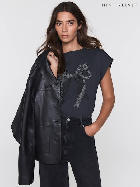 Mint Velvet Grey Cotton Bow Detail T-Shirt (V50071) | €67